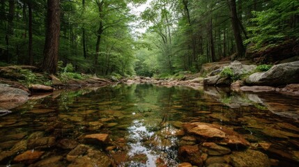 Serene forest stream with clear water and rock bed reflecting trees under a dense green canopy