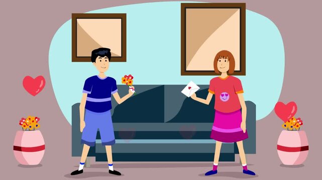 Animated cartoon-style vector video of a boy and a girl with gifts in their hands in a room with rising hearts, 2D, art, family.