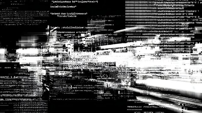 Abstract glitchy black and white digital screen overlay with distorted code noise texture background