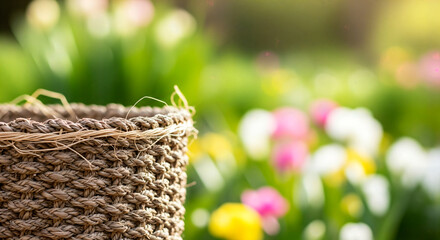 Happy easter sunday wishes with beautiful tulips and woven basket