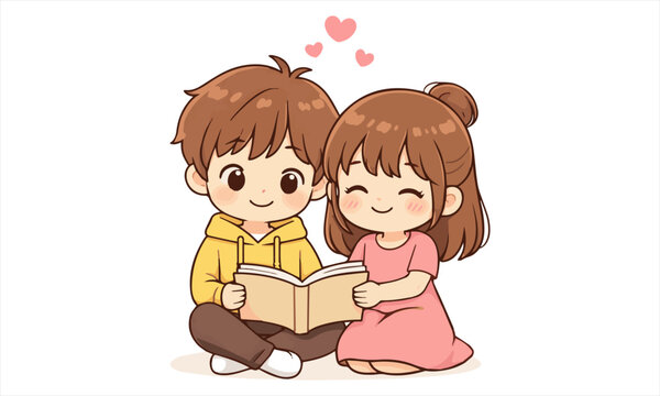 Cute Couple Reading Book Together &ndash; Booo and Bibi Vector Cartoon