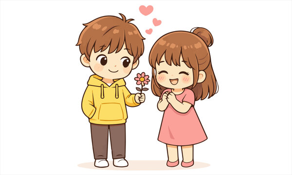 Cute Couple gives flower &ndash; Booo and Bibi Vector Cartoon