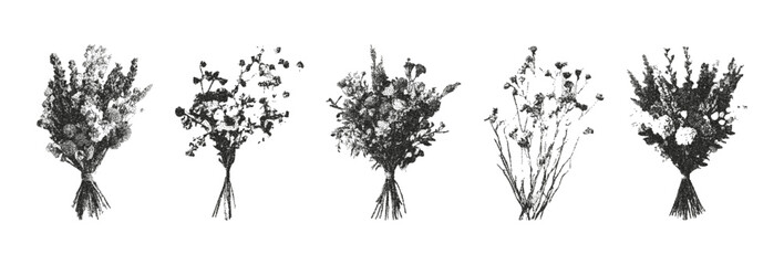 Fototapeta premium Trendy dried flowers bouquets retro photocopy effect. The effect of grain and dotted lines. Vector illustration for mixed media design isolated on transparent background.