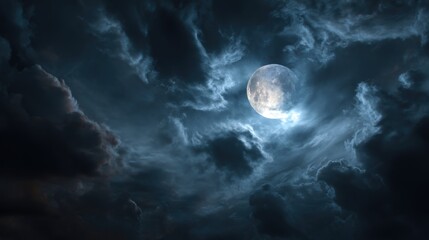Fototapeta premium A full moon shines brightly amidst a dynamic sky of swirling, dark, textured clouds, creating a dramatic, atmospheric nighttime scene