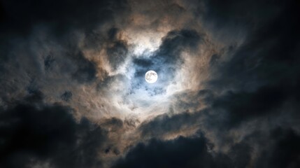 Fototapeta premium A radiant full orb shines through a swirling vortex of moody, dark clouds, creating a dramatic celestial scene