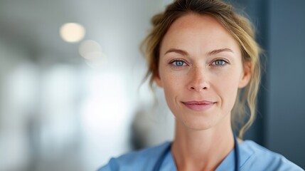 Portrait of a confident female healthcare professional in blue scrubs at a hospital.