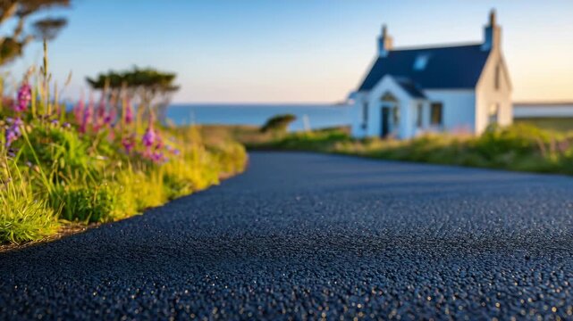 172Close-up of granular rubber pavement tiles on driveway, soft morning light, country house blurred in background, emphasizing eco-friendly and durable driveway design