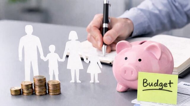 Man is putting money in a piggy bank and paper family , symbolizing financial growth and planning for the future.

