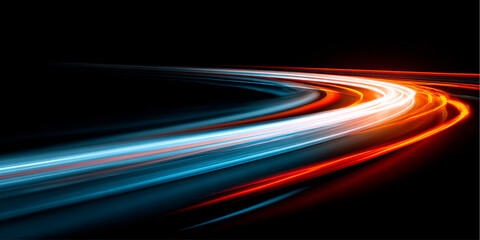 A high-speed trail glows with neon rainbow colors across a dark background. Motion blur enhances the sense of velocity. Perfect for sci-fi, racing, or futuristic digital art. © Ole moda