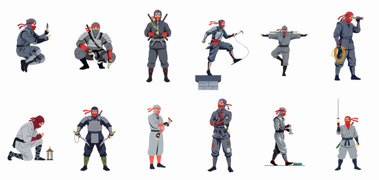Vector set of twelve Japanese shinobi (ninjas) performing actions, wearing traditional costumes, and armed with various stealth and martial arts weapons.