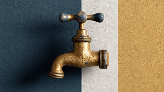An aged brass faucet, positioned centrally, straddles three vertical color blocks deep blue, crisp white, and warm gold