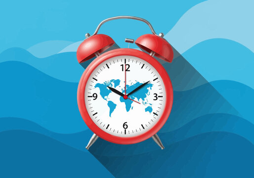 Red alarm clock with world map face on blue wavy background