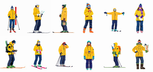Diverse group of skiers and winter tourists in bright yellow jackets and goggles, engaging in various alpine outdoor activities. © Siji