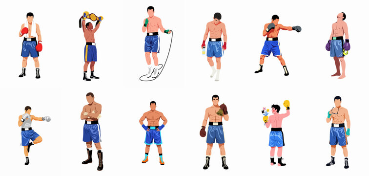 Collection of Male Boxers Vector Illustrations: Training, Fighting Stance, and Championship Celebration Poses.