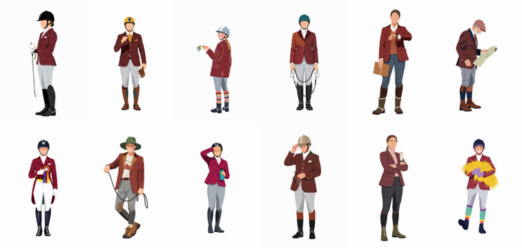 Diverse group of equestrian riders, trainers, and enthusiasts vector illustration set, featuring riding apparel, helmets, boots, and equipment isolated on white.