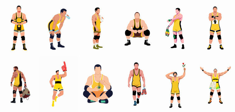 Vector set of professional wrestlers performing different actions like celebrating victory, drinking water, training, and posing, isolated on white background.