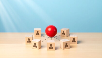 Central red sphere connected to wooden blocks with person icons on light wooden surface and blue background symbolizing leadership teamwork communication and organizational network