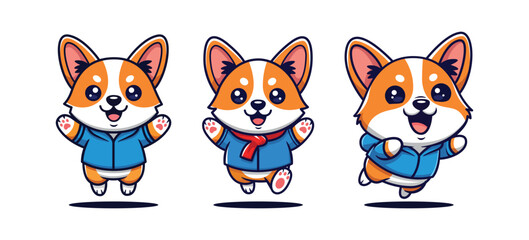 Cute Cartoon Smiling Corgi Puppy Dog Character Wearing Jacket Illustration