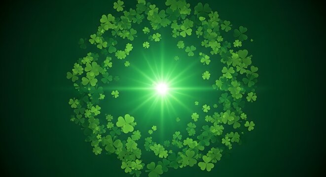 St patrick's day green shamrock circle with radiant light