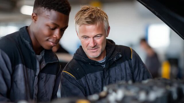 Army veterans learning automotive repair in a vocational program, examining an engine together, grease-stained hands, collaborative environment preparing for civilian technical car