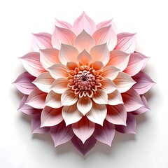 Fototapeta premium Centered, layered pink and peach flower blossom with gradient petals against a white backdrop creating a gentle aesthetic