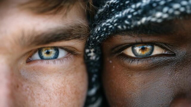 Artistic close-up of two male eyes facing forward in symmetrical alignment, contrasting skin tones blending visually at the center line, high detail, clean white background symboli