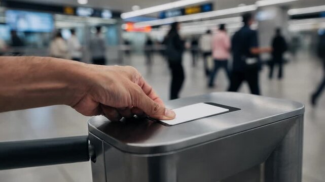Close-up of a person using a blank contactless card on a metro or train station gate. Commuters walk in the blurred background, concept of public transport access.