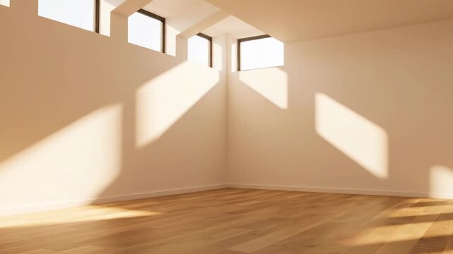 Sunlight streams into empty room, casting bright shadows on wall