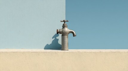 A vintage-style water faucet sits atop a light beige ledge against a split-toned light blue and light gray wall