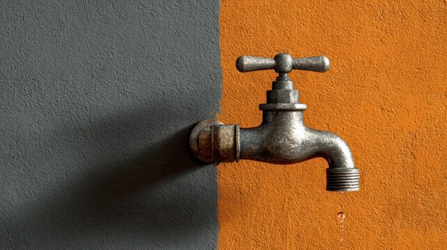 Faucet on split gray/orange wall; water droplet hangs at tip, shadows stretch leftward from the aging metal fixture