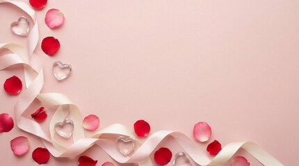 Romantic pink background with rose petals, glass heart ornaments, and satin ribbons forming an elegant frame. Blank center for text, perfect for love, Valentine&rsquo;s Day, or celebration themes