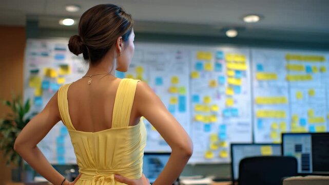 Cinematic office scene with a woman reviewing an intricate network of sticky notes on a whiteboard, structured planning and complex data analysis emphasized through color and layou