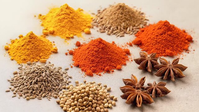 Colorful Variety of Indian Spices Turmeric Chili Cumin Coriander Star Anise