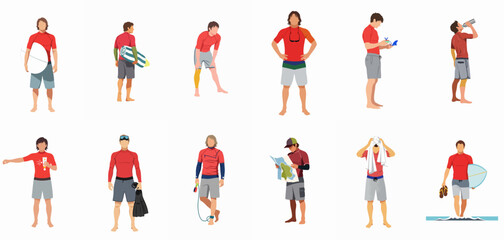 Set of vector illustrations showing a male surfer in various actions: carrying a board, applying sunscreen, hydrating, stretching, and preparing for water sports. © Siji