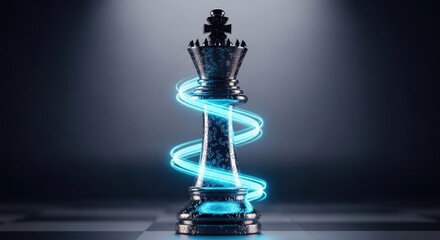 Abstract chess king with glowing neon spiral suggesting strategy and power