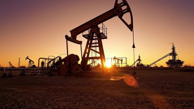 Oil pumpjack working at sunset. Oilfield silhouettes stretch across the horizon. Drilling and extraction machinery drive energy production, with rigs shaping the industrial skyline under a golden sky