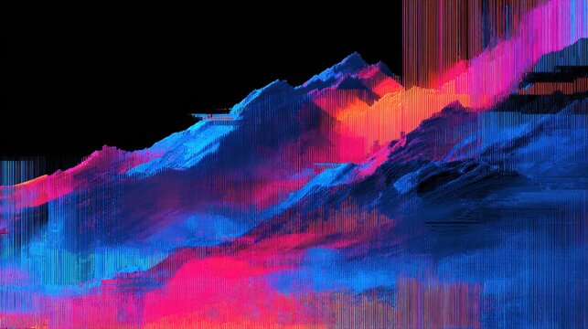 Abstract mountain range with digital glitch effects and vibrant, bright colors