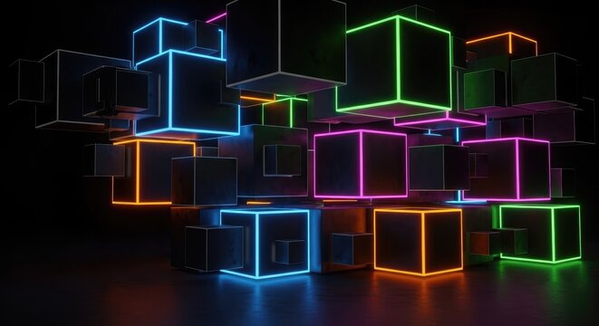 Abstract composition of glowing cubes in a dark environment with neon lighting
