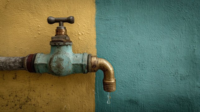 Weathered teal and brass outdoor faucet mounted on a pipe against a mustard yellow and teal wall, with a single drop of water dripping from the spout.  The faucet shows signs of age and wear
