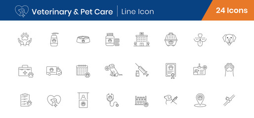 Veterinary and Pet Care Outline Icons Set of 24. Animal Clinic, Grooming, Pet Health Linear Editable Stroke Icons Vector