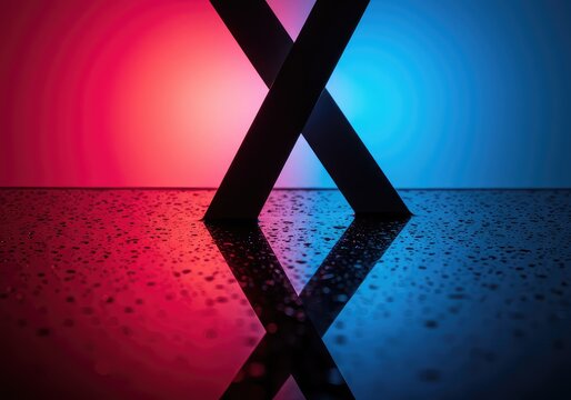 Geometric structure meets its mirrored reflection on a wet surface, creating intersecting lines and abstract patterns of light and dark ,moody ,pattern ,blue