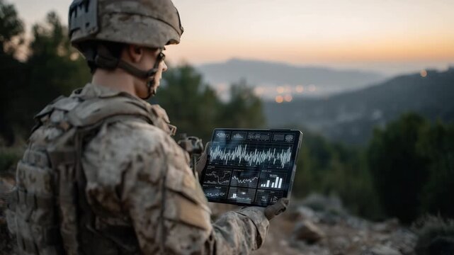 Close-up of a military officer holding a tablet displaying artificial intelligence troop coordination, data streams and tactical icons overlaid, outdoor operational environment at