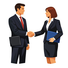 Fototapeta premium Stylized illustration of a man and woman in business suits shaking hands, conveying partnership and agreement.