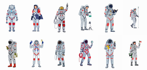 Diverse vector set of astronauts in spacesuits performing different scientific and technical tasks related to space travel and research. © Siji