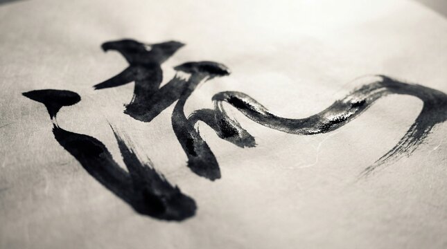 Expressive Japanese Shodo calligraphy with bold black ink brushstrokes on textured paper.