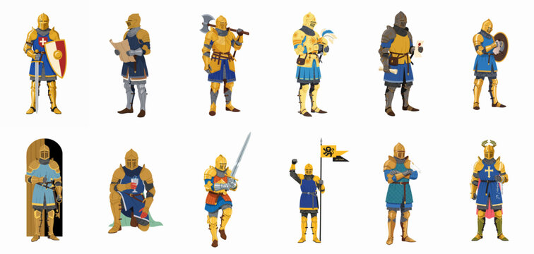 A collection of diverse medieval knights in golden armor and historical costumes, holding various weapons and objects, isolated vector illustration set.