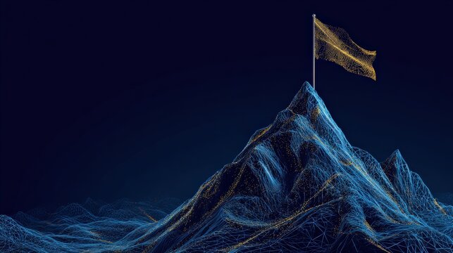 A flag on mountain top, symbolizing achievement and reaching goals, is set against a dark, dramatic background. ..Created with Generative AI, not depicting real subjects.