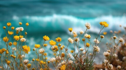 Wildflowers by the sea vivid yellow and white blooms fronting turquoise waves