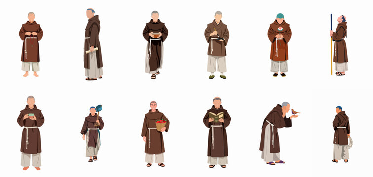 Flat vector illustration set showing Franciscan monks or religious brothers in brown habits engaged in various poses and daily spiritual activities on a white background.