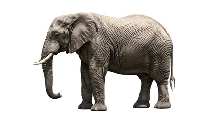 Obraz premium Majestic elephant standing alone against a clean white background with its trunk curled and tusks visible